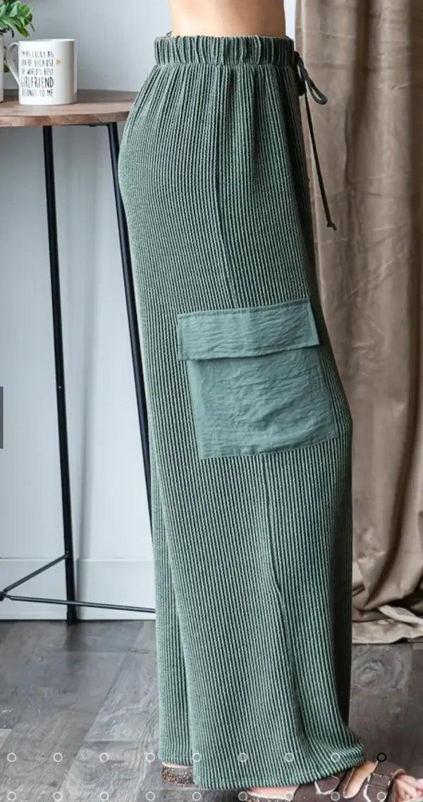 Cozy ribbed cargo pants in earthy moss tone, side view — Urban Princess Boutique