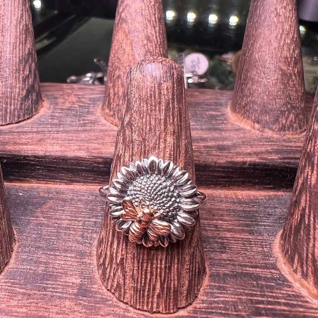 Sunflower Bee Ring: silver-tone sunflower with bee center and textured band